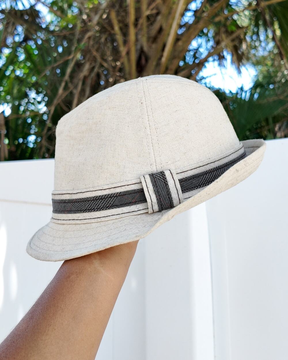 Stetson Traveler Cotton Linen Fedora Trilby Hat Beige Plaid Band Medium